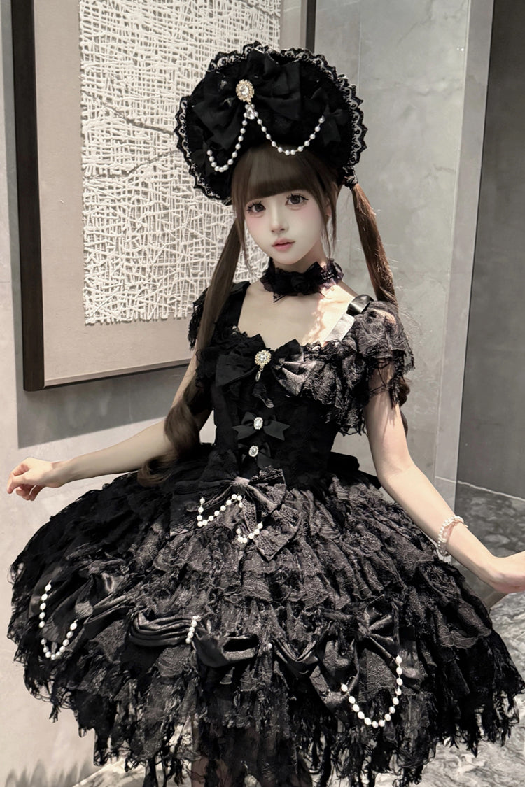 Black [Cloudborne Snowfeather] Sleeveless Multi-Layered Hanayome Bowknot Pearl Gothic Lolita Jsk Dress - Product - 3