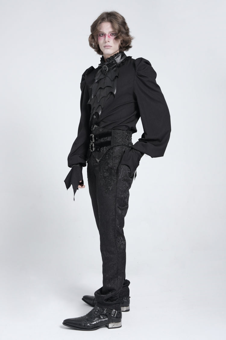 Black Stand Collar Long Puff Sleeves Men's Gothic Batlike Blouse - Product - 10