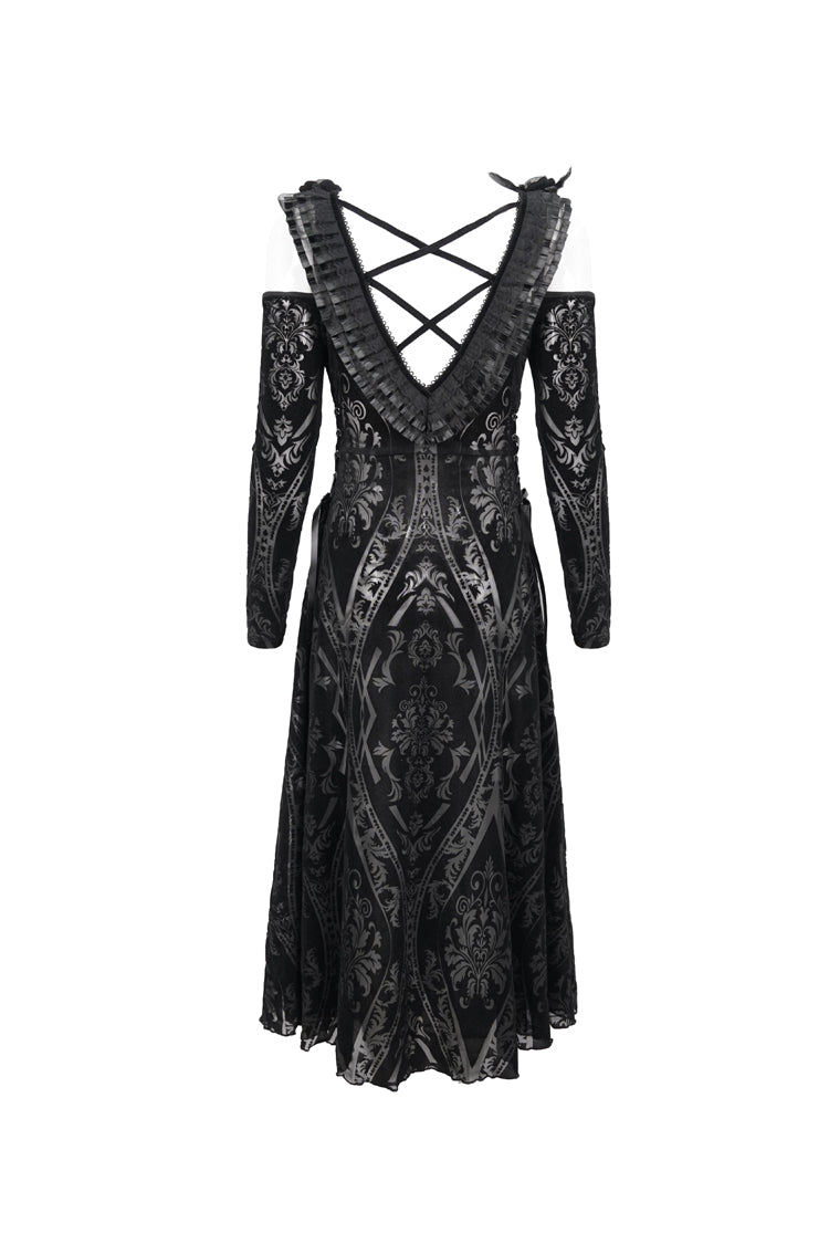 Black Off Shoulder Ruffled Flocked Print Long Women's Gothic Dress - Product - 8