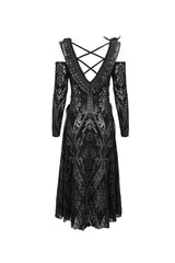 Black Off Shoulder Ruffled Flocked Print Long Women's Gothic Dress - Product - 8