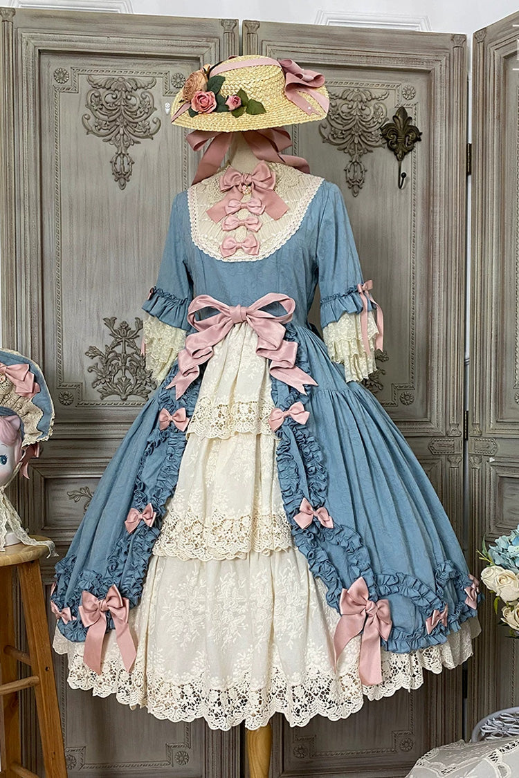 Blue [Lilica Garden] Lapel Collar Short Trumpet Sleeves Ruffled Open-Front Bow Lace Sweet Elegant Luxurious Lolita Dress - Product - 9
