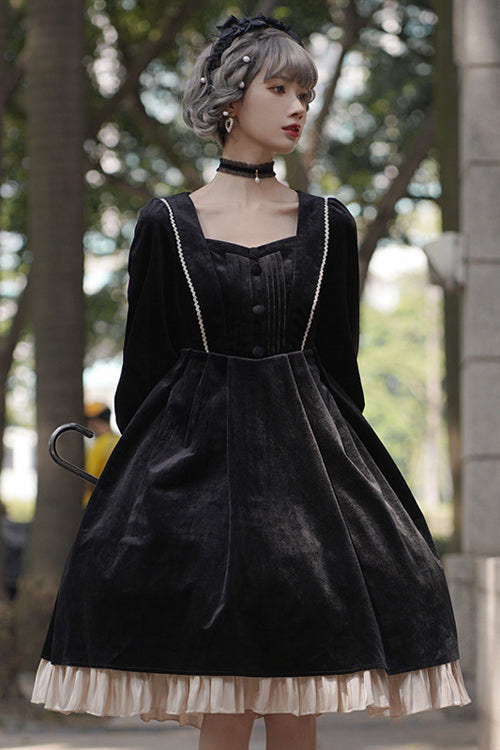 Black Velvet Fake Collar High Waist Classic Lolita OP Dress - Product - 2