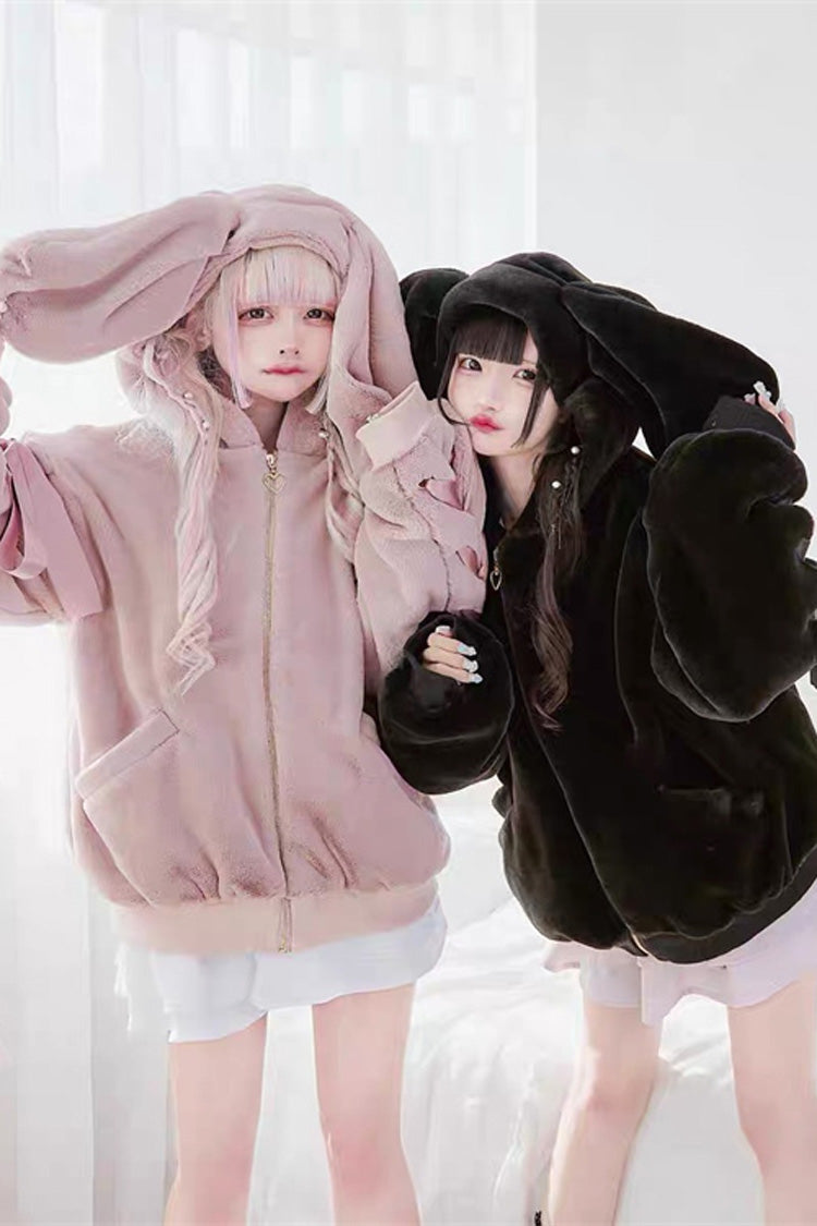 Pink Rabbit Ears Long Sleeves Bowknot Lace-Up Hooded Jirai Kei Coat - Product - 9