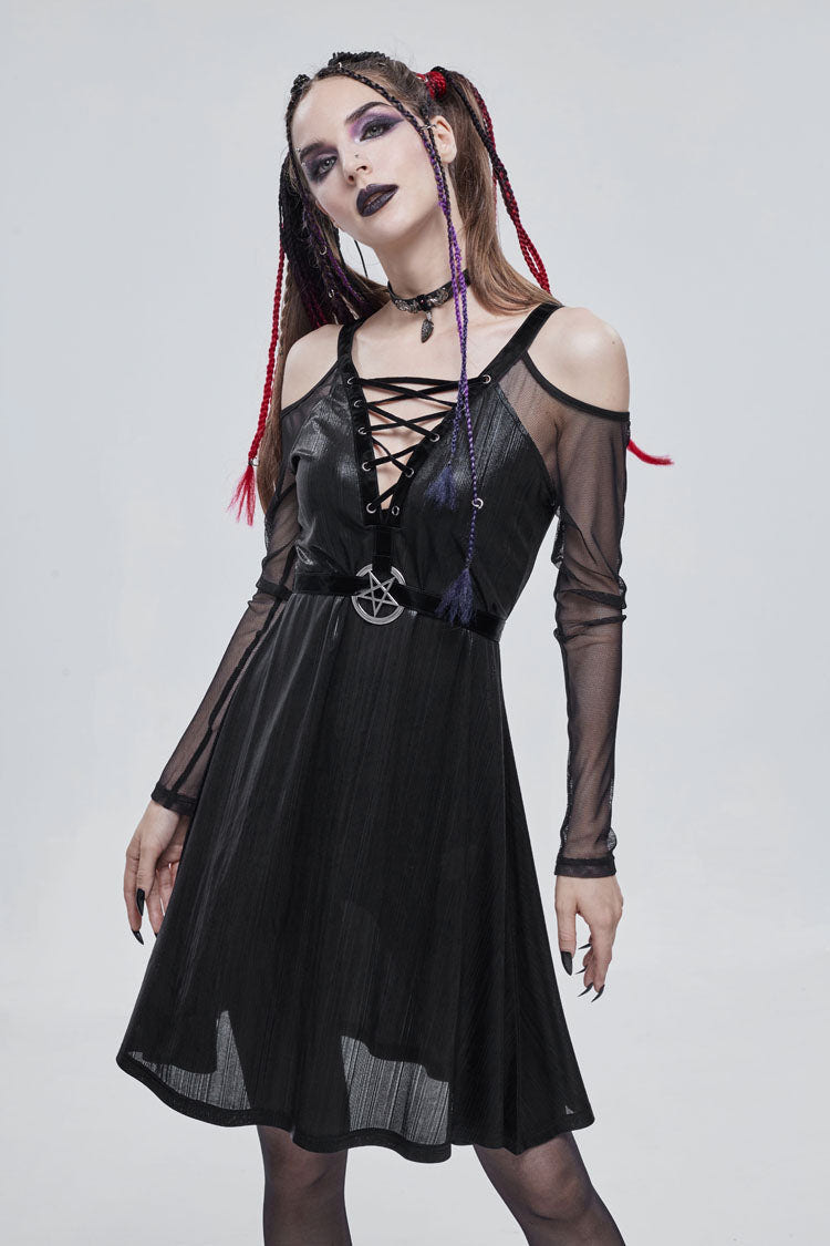 Black Stretch Knit Patchwork Fine Mesh V Neck Cross Tie Metal Pentagram Buckle Strap Women's Punk Dress - Product - 2