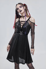 Black Stretch Knit Patchwork Fine Mesh V Neck Cross Tie Metal Pentagram Buckle Strap Women's Punk Dress - Product - 2