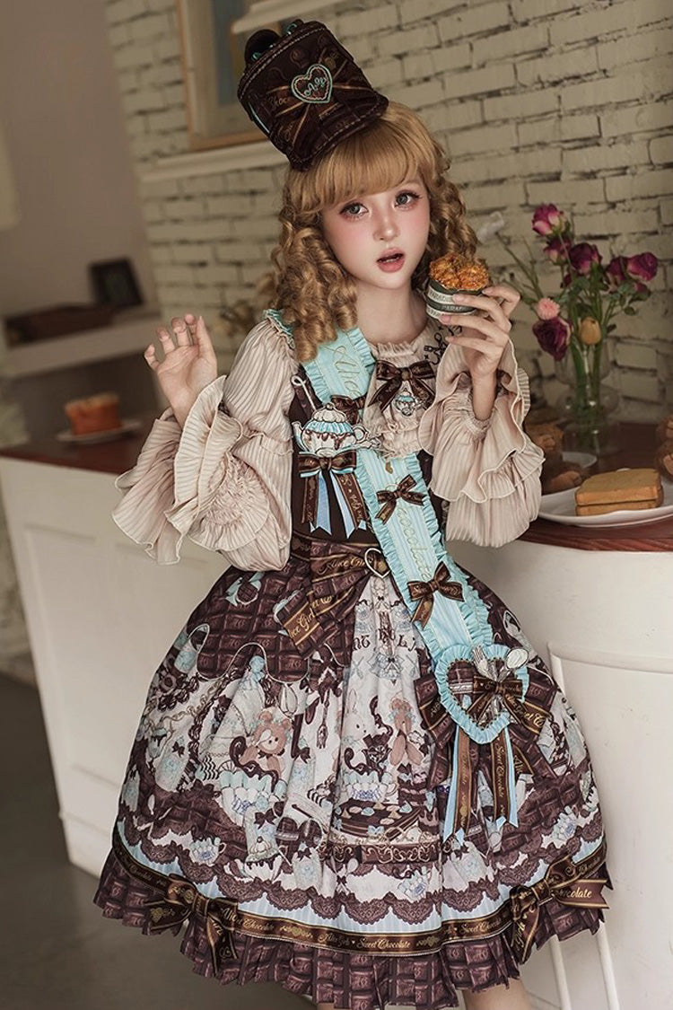 Brown [Teddy Bear Chocolate] Sleeveless Print Ruffle Bowknot Sweet Lolita Jsk Dress - Product - 9