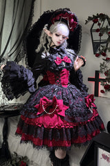 Black/Red [Rose Princess] Sleeveless Ruffle Bowknot Lace Lace-Up Gothic Ballet Lolita Jsk Dress - Product - 5