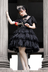 Dark Black Castle Night High Waisted Ruffled Hanayome Gothic Lolita Tiered Dress - Product - 3