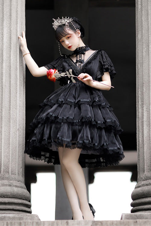 Dark Black Castle Night High Waisted Ruffled Hanayome Gothic Lolita Tiered Dress - Product - 3