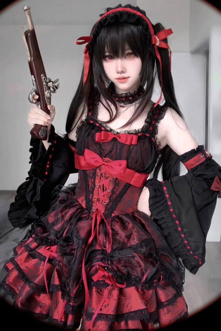 Black/Red Sleeveless Multi-layer Ruffle Bowknot Lace-Up Gothic Princess Lolita Jsk Dress - Product - 2