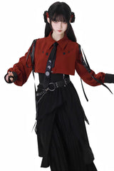 Red/Black [Moonlight Flowing] Long/Short Sleeves Ruffled Asymmetric Gothic Jirai Kei Skirt Set - Product - 6