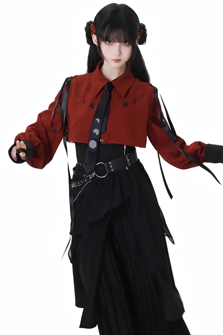 Red/Black [Moonlight Flowing] Long/Short Sleeves Ruffled Asymmetric Gothic Jirai Kei Skirt Set - Product - 6