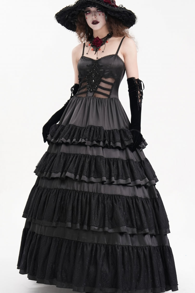 Black Multi-Layered Ruffle Lace-Up Mesh Women's Gothic Dress - Product - 5