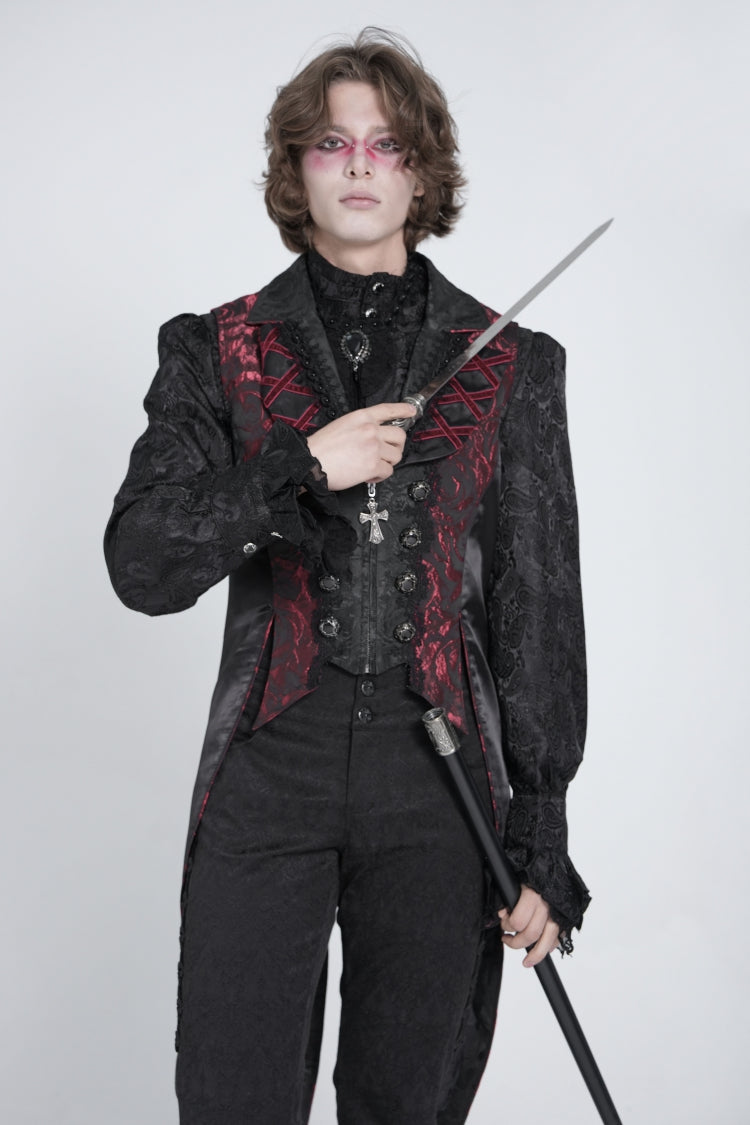 Black/Red Sleeveless Lace-Up Zipper Men's Gothic Swallow-tailed Vest - Product - 2
