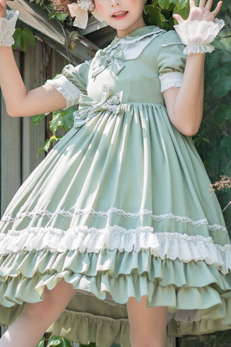 Green Short Sleeves High Waisted Bowknot Multi-Layer Classic Lolita Jsk Dress - green - 1