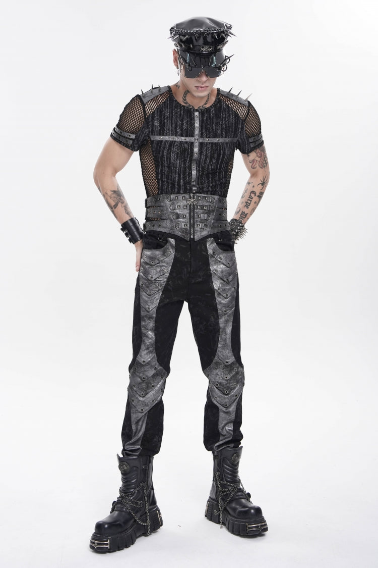 Black Multi-Layered Studded Zippered Eyelet Men's Punk Cool  Girdle - Product - 7