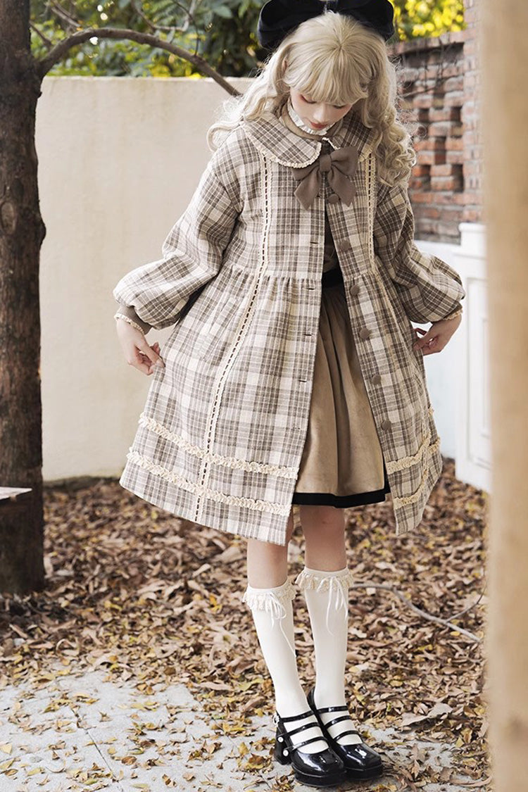 Light Brown Doll Collar Long Sleeves Multi-layer Print Bowknot Sweet College Style Lolita Dress Coat - Product - 4