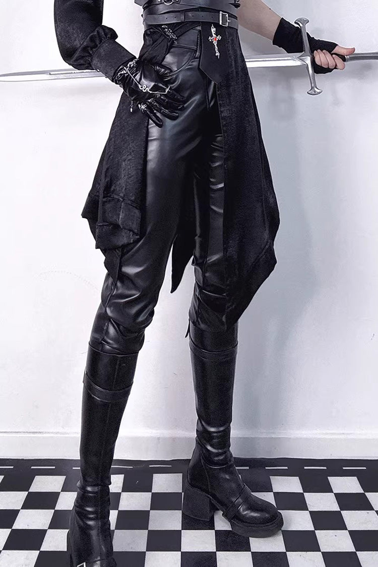 Black Slim Single-Layer Thin Ouji Gothic Lolita Leather Pants - Black - 1