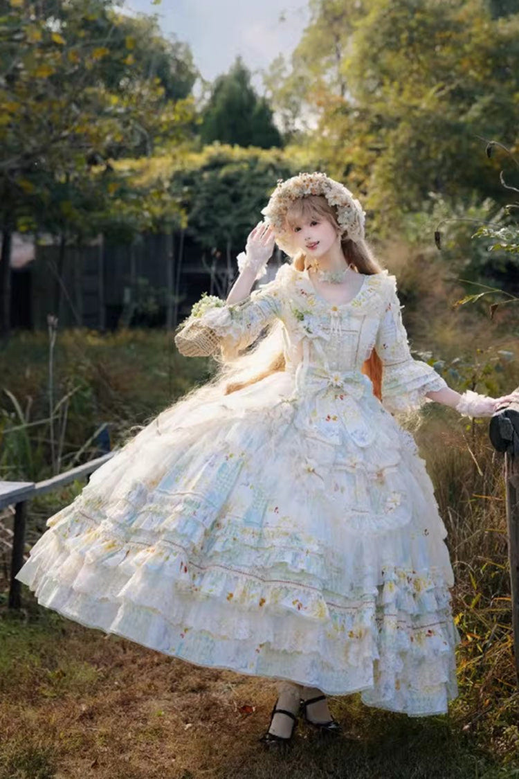 Green [Little Daisy] Lapel Collar Half Sleeves Multi-Layered Printed Bow Lace Princess Gorgeous Plus Size Sweet Lolita Dress - Product - 5