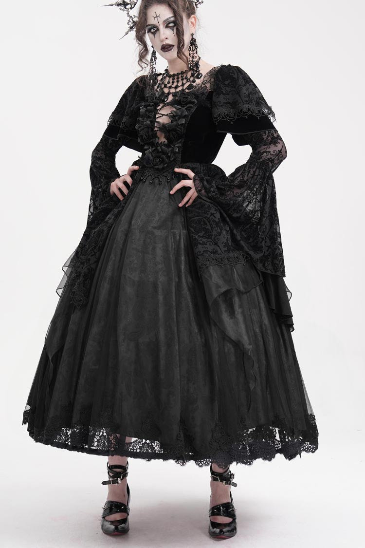 Black Crochet Long Sleeves Hanayome Lace Women's Gothic Dress - Black - 1
