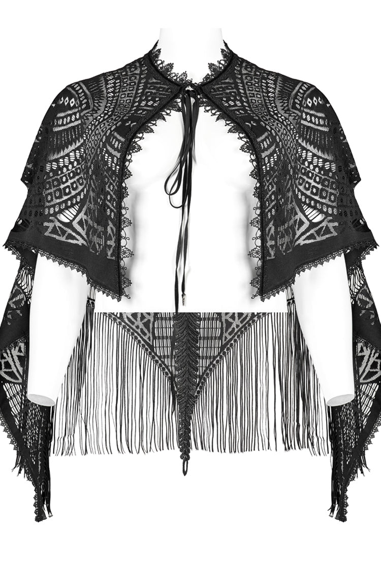 Black Openwork Lace Embroidery Pattern Decoration Hem Fringed Design Elasticated Neckline Women's Gothic Shawl - Product - 6