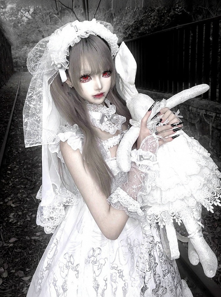 Gothic White Candle Print Waistless Lolita JSK Dress with Lace Details + Choker + Candle Embroidered Brooch Set - view 18