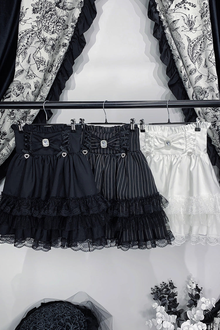 Jirai Kei Triple-Layered Printed Ruffled Bow Lace Sweet Japanese Skirt 3 Colors - Black/White - 1