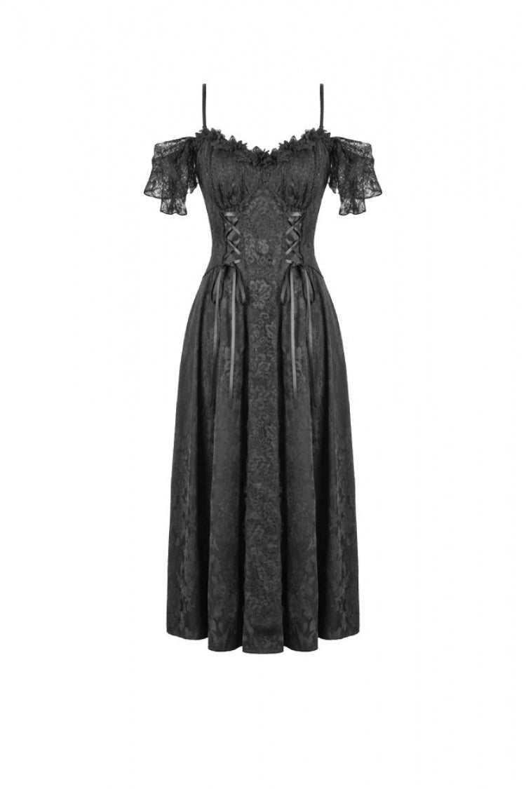 Black Off Shoulder Lace Flutter Sleeves Jacquard Side Corset Lace-Up Women's Gothic Slip Dress - Product - 3