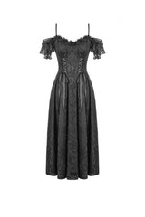 Black Off Shoulder Lace Flutter Sleeves Jacquard Side Corset Lace-Up Women's Gothic Slip Dress - Product - 3