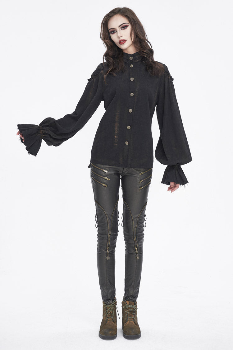 Black Stand Collar Lantern Sleeves Print Lace Women's Punk Blouse - Product - 3