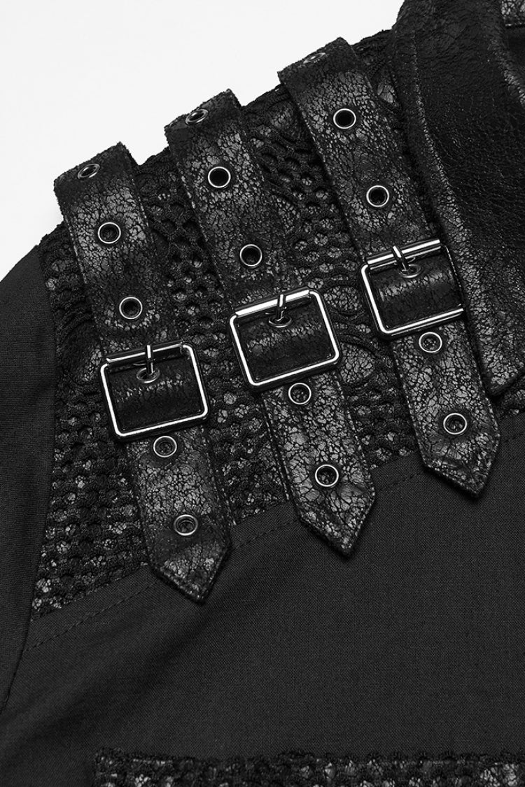 Black Lapel Collar Long Sleeves Stitching Buckle Straps Men's Punk Blouse - Product - 5
