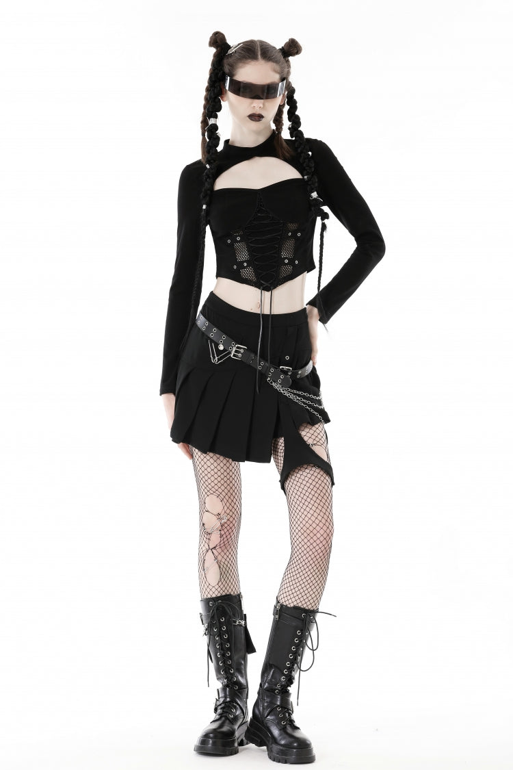 Black Long Sleeves Cut-Out Spliced Mesh Zippered Strappy Eyelet Women's Punk Crop Top - Black - 1