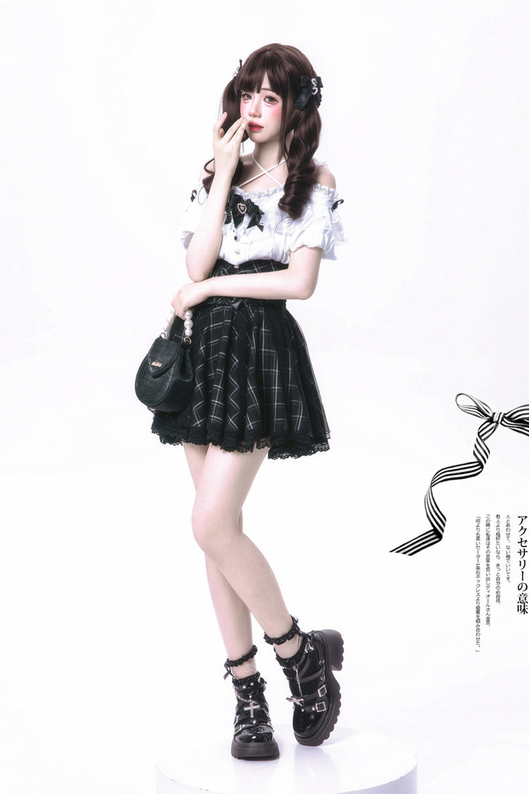 Black/White [Sixteenth Night] Off Shoulder Short Sleeves Plaid Printed Bow Classic Japanese Jirai Kei Skirt Set - Product - 5