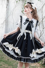 Black Sleeping Star Short Sleeves Ruffle Bowknot Lace Stitching Sweet Lolita Dress - Black - 1