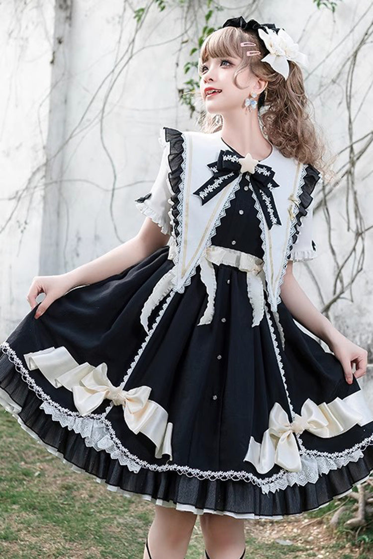 Black Sleeping Star Short Sleeves Ruffle Bowknot Lace Stitching Sweet Lolita Dress - Black - 1