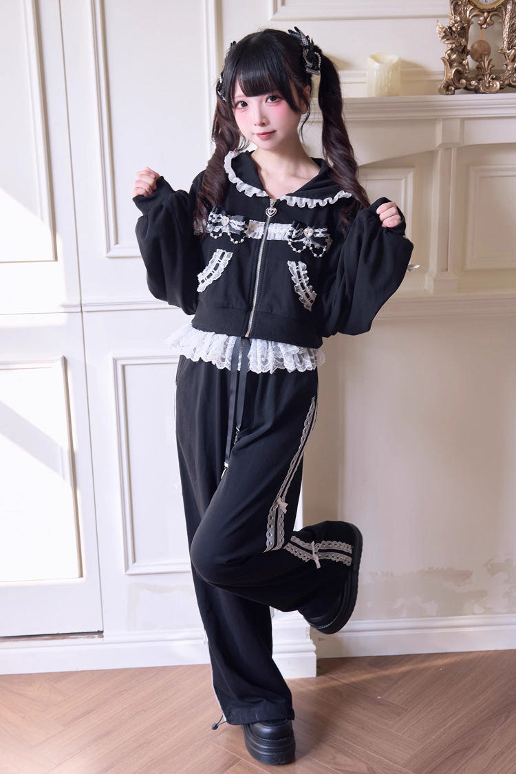 Sweet Long Sleeves Bowknot Lace Hooded Jirai Kei Hoodie Pants Set 3 Colors - Product - 9