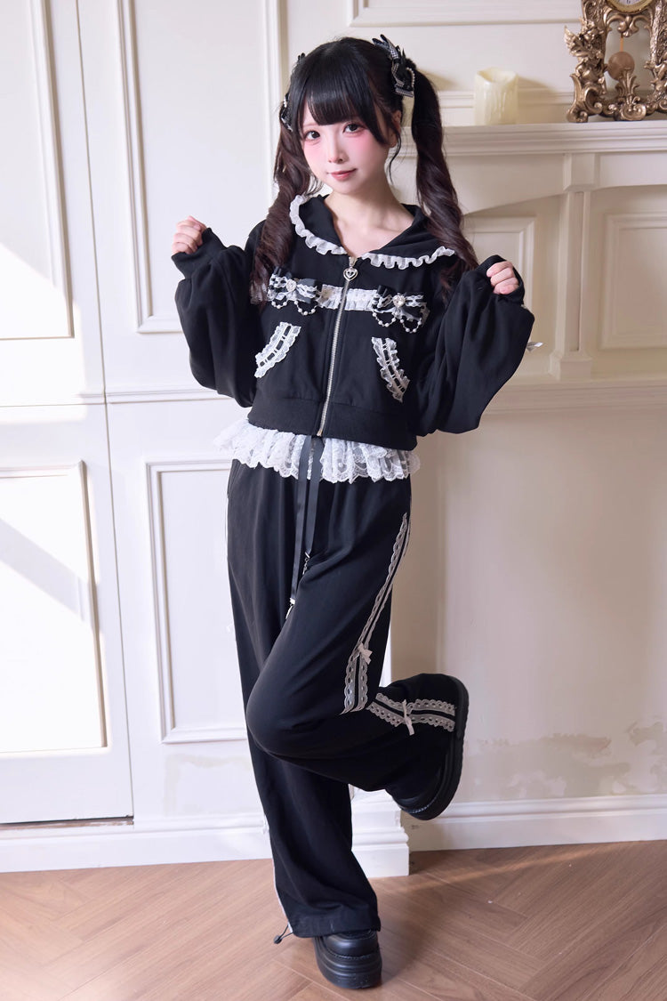 Sweet Long Sleeves Bowknot Lace Hooded Jirai Kei Hoodie Pants Set 3 Colors - Product - 9