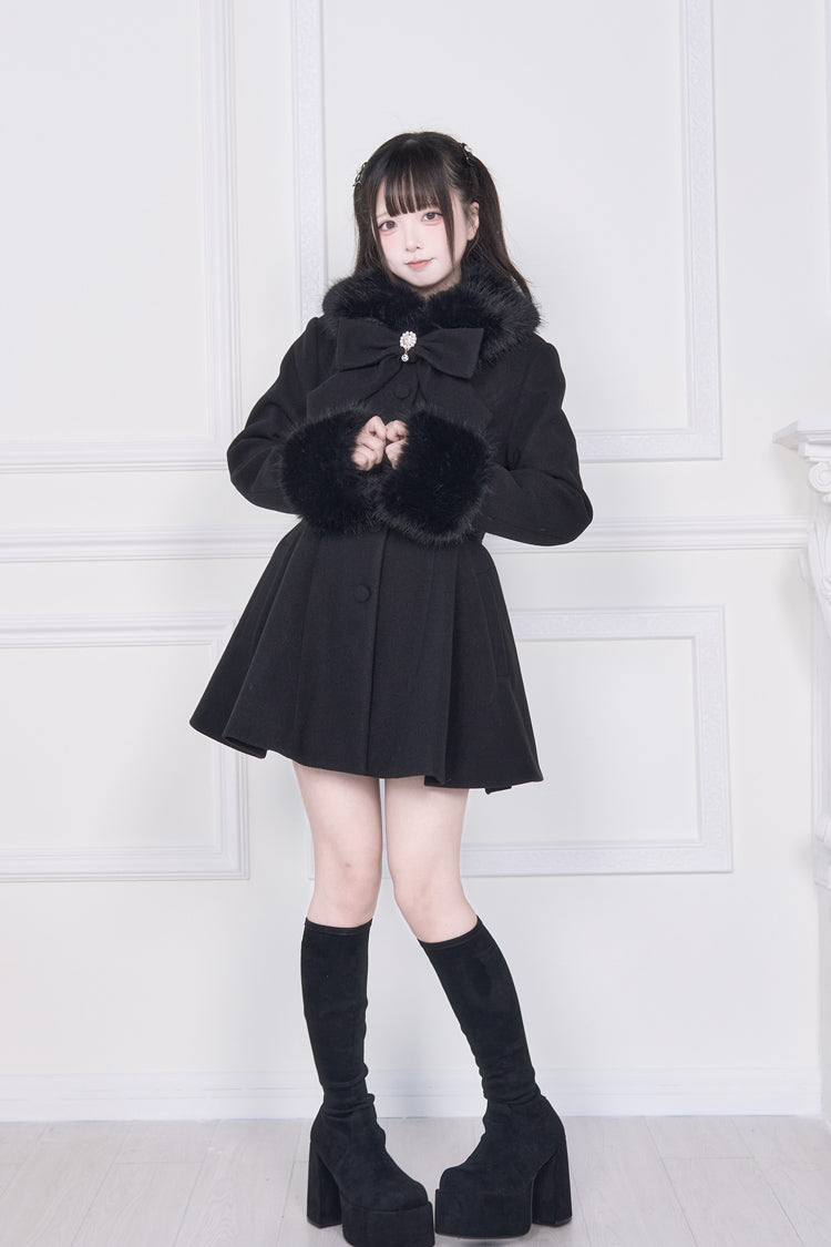 Black Plush Collar Long Sleeves Bowknot Japanese Sweet Lolita Coat - Product - 5