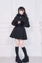 Black Plush Collar Long Sleeves Bowknot Japanese Sweet Lolita Coat - Product - 5