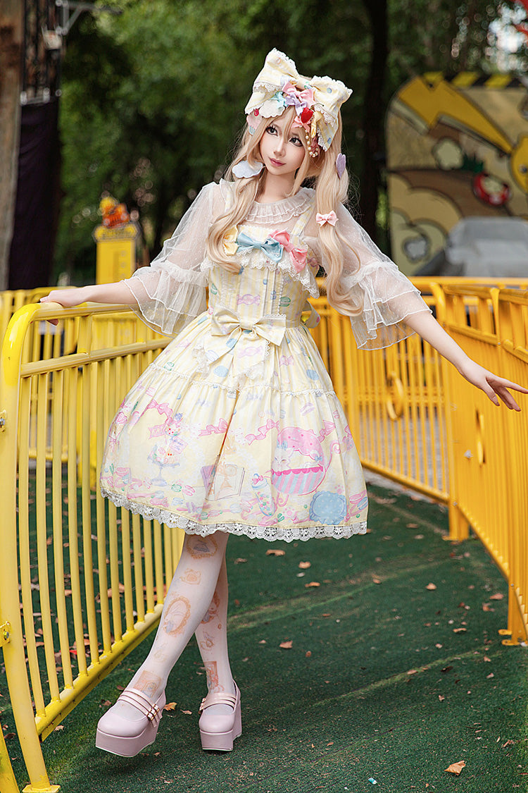Yellow [Macarons Dolly House] Square Collar Sleeveless Printed Bow Sweet Lolita Jsk Dress - Product - 3