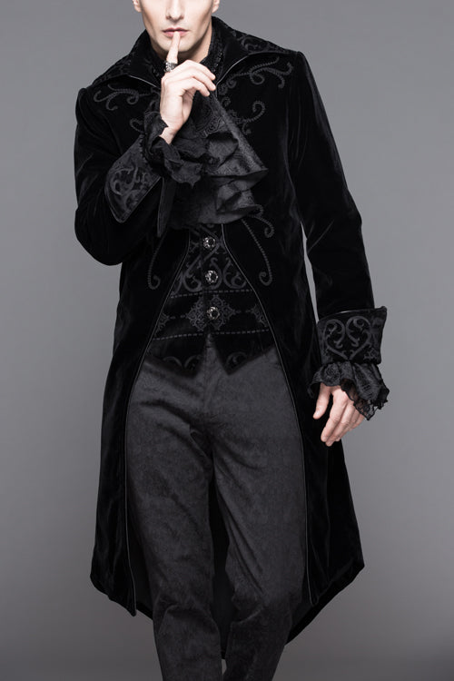 Black Hand Embroidered Fake Two Pieces Long Sleeves Velvet Mens Gothic Coats - Black - 1