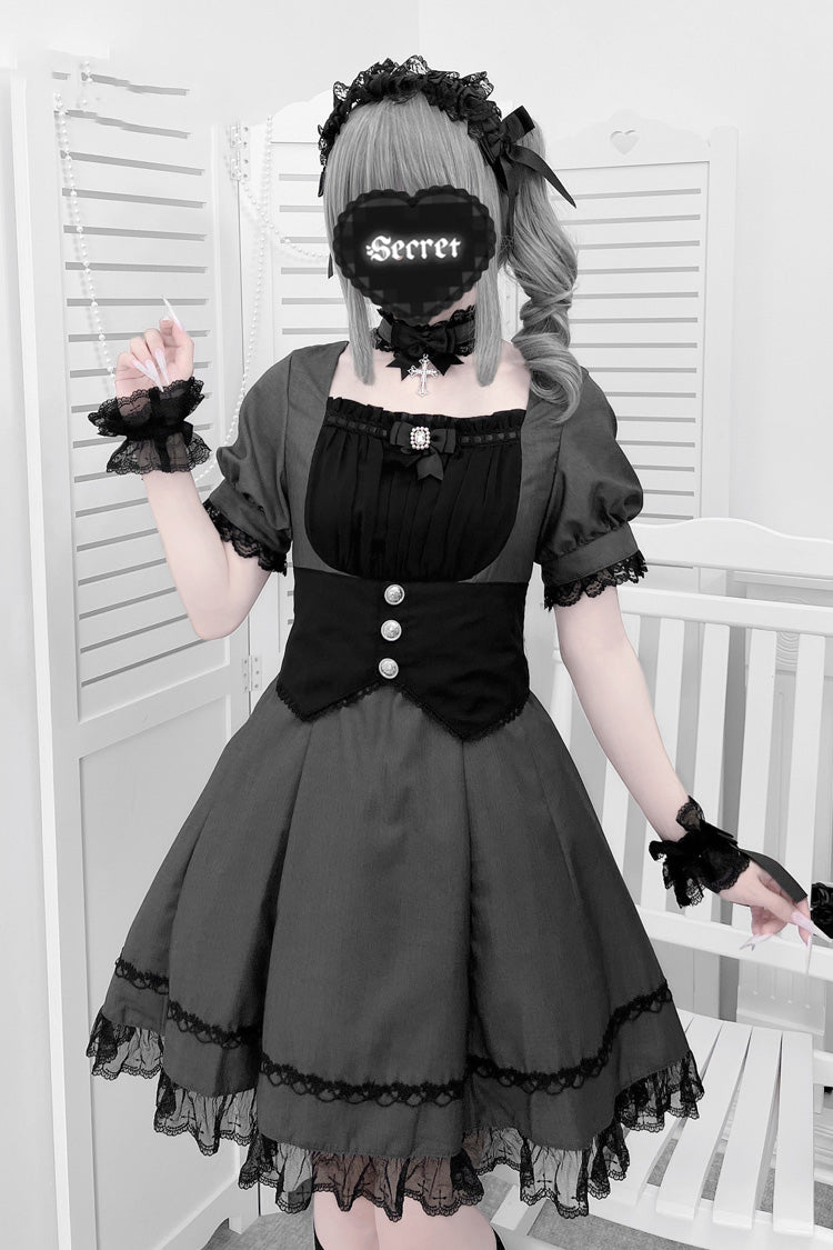 Black/Grey Short Sleeves Ruffle Bowknot Cross Waist Maid Sweet Japanese Lolita Dress Set - Black/Grey - 1