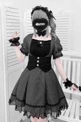Black/Grey Short Sleeves Ruffle Bowknot Cross Waist Maid Sweet Japanese Lolita Dress Set - Black/Grey - 1