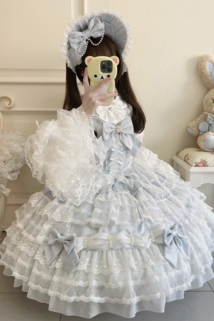 Blue [Dream Prologue] Doll Multi-Layered Bowknot Lace Sweet Princess Lolita Dress - Product - 7