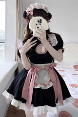 Black Short Sleeves Ruffle Love Hollow Bowknot Sweet Plus Size Chinese Style Lolita Dress Full Set - Black - 1