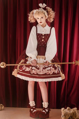 Red Doll Collar [Bunny Reading Club] Print Ruffle Lace Fake Two Pieces Sweet Princess Lolita Dress - Product - 3
