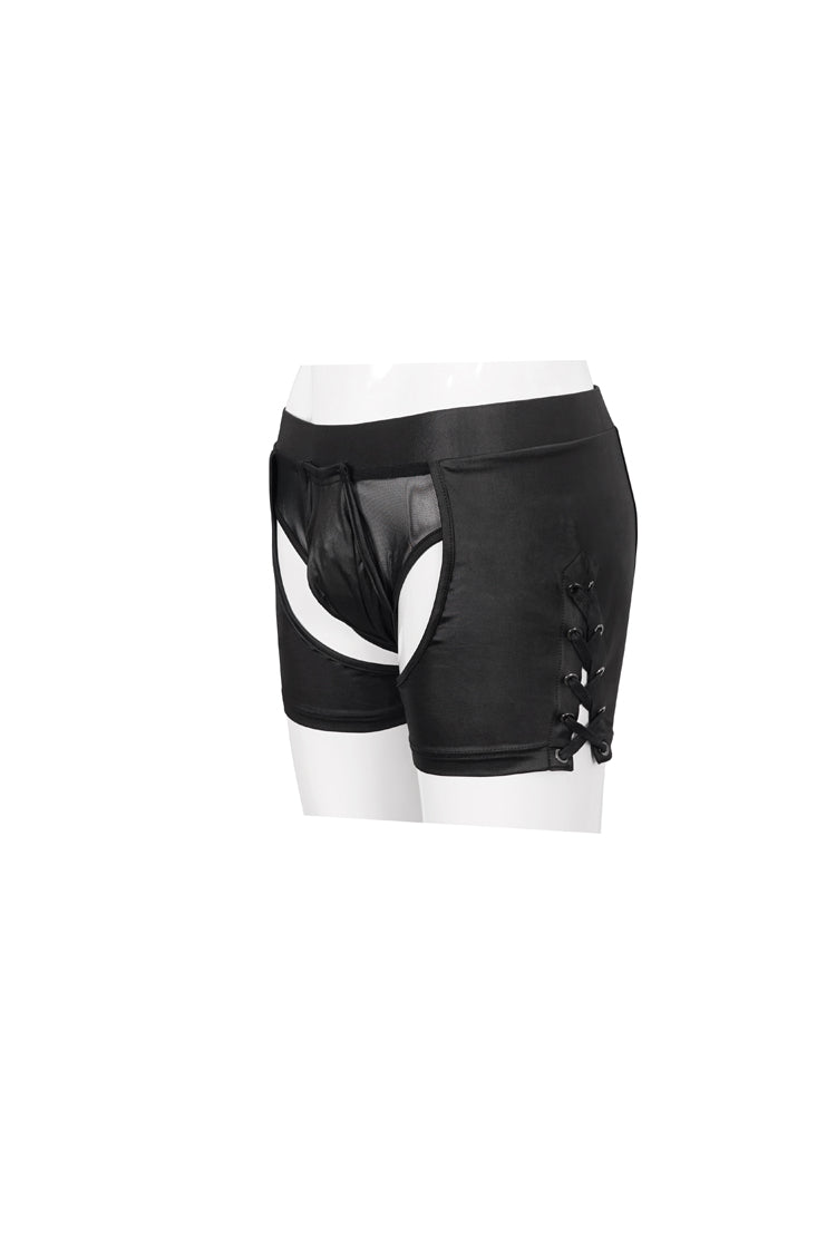 Black Knit Lace Up Perspective Sexy Slim Men's Punk Shorts - Product - 6