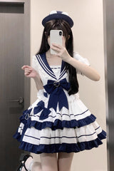 Dark Blue Navy Style Short Sleeves Double Layer Ruffle Bowknot Lace Sweet Lolita Dress - Product - 6