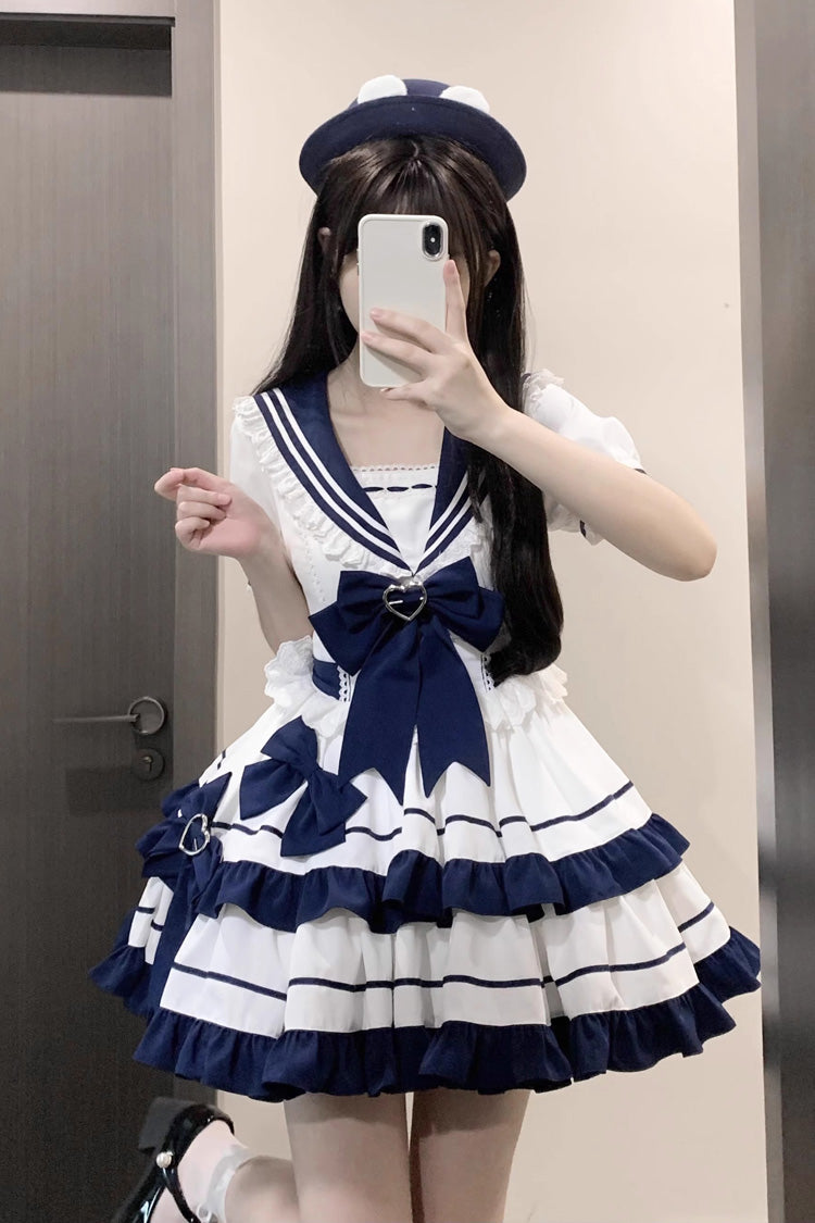 Dark Blue Navy Style Short Sleeves Double Layer Ruffle Bowknot Lace Sweet Lolita Dress - Product - 6