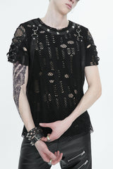 Black Half Hollow Shoulder Tie Design Men's Punk T-Shirt - Black - 1